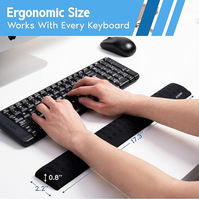 i-Rocks Memory Foam Keyboard Wrist Rest - Pain-Reducing, Non-Slip Rubber Base Wrists Rest Support - Cooling Ergonomic Laptop & Computer Keyboard Pad for Long Hours of Work, Studying, Gaming - Black