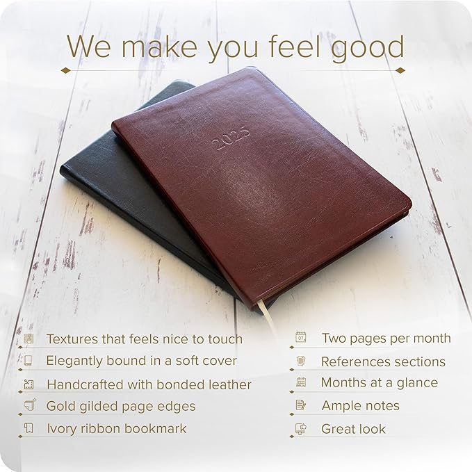 Gallery Leather Desk Monthly Planner 2025, Elegantly Bound Calendar Planner and Notebook with Stylish Gold-Gilded Page Edges, 18 Months - Acadia Cactus - 8 x 5.5 ”