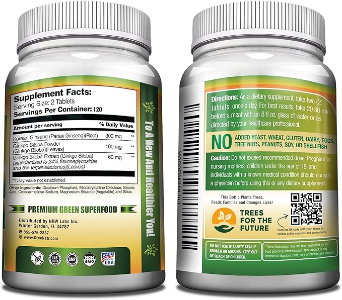 Ginko Biloba & Panax Ginseng Supplement - Red Ginseng Brain Supplement for Memory and Focus - Ginkgo Biloba Supplements for Good Vision, Immune System and Improved Blood Flow - 12 Bottles