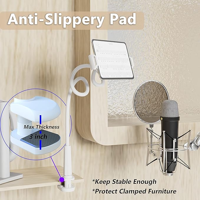 Tablet Stand Holder, Mount Holder Clip with Grip Flexible Long Arm Gooseneck Compatible with ipad iPhone/Nintendo Switch/Samsung Galaxy Tabs/Amazon Kindle Fire HD (New White)