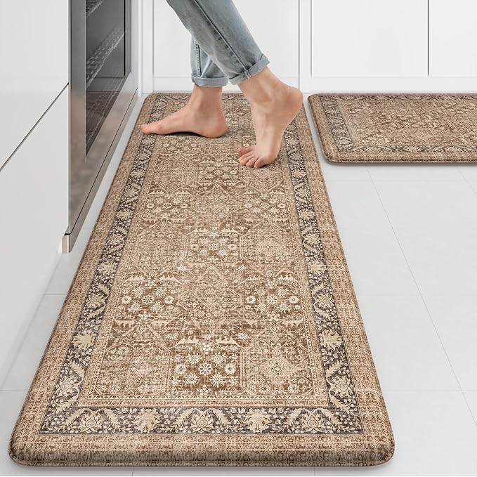 KIMODE Anti Fatigue Kitchen Mat, Boho Distressed Kitchen Rugs Sets of 2, Non Slip Kitchen Mat for Floor, Cushioned Comfort Standing Mat for Sink, Laundry, Office, Desk 17"x47"+17"x29"