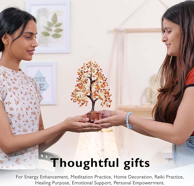 FASHIONZAADI Carnelian Healing Crystal Handmade Bonsai Tree for Positive Energy, Crystal Tree of Life Home and Office Feng Shui Decor, Good Luck, Money, Christmas Decor, Birthday Gifts for Women, Mom