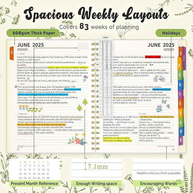 Jun 2025-Dec 2026 Academic Monthly Weekly Daily Planner for School, 19 Months Calendar 25-26 Planning Book with Colorful Tabs, 8.5" x 11" Mid Year College Organizer for Student Teacher (Beige)