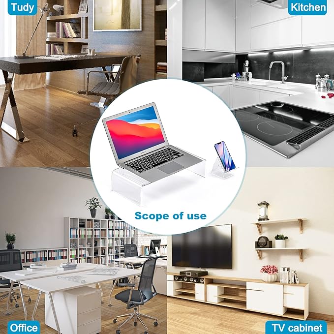 Premium Acrylic Monitor Stand | Clear Laptop Riser for Desk, Office and Home | Computer Stand for TV, Printer, and More | 16" L x 8" W x 4" H with Bonus Phone Stand