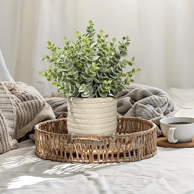 Hopewood Faux Plants, Fake Plants Eucalyptus Potted for Home Office Desk, Artificial Eucalyptus with a Weave Basket for Indoor Greenery Tabletop
