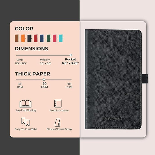 Weekly Monthly 2025-2026 Planner (July 25-Dec 26),6.5"x3.75",18 Months Agenda Plan with Month Tabs & Pocket,Expenses/Note Pages, Academic Calendar with Vegan Leather Cover,Black