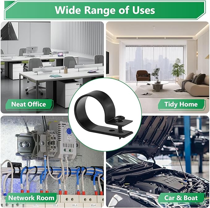 Cable Clips for Cable Management Cord Organizer, 6 Sizes 290 PCS Nylon R-Type, 3/16'' 1/4'' 3/8'' 1/2'' 3/4'' 1'' Black Plastic Screw Mounting Cord Fastener Clamp Assortment Kit with M4 Screws