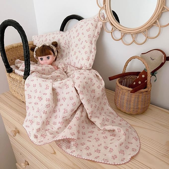 BuLuTu Baby Nursery Throw Blanket Cotton Muslin Kids Blanket with Cute Galsang Flowers Crib/Cradle Quilt Thin Summer Quilt for Boys,Girls,Toddler Breathable,Lightweight Machine Washable 47"x51"