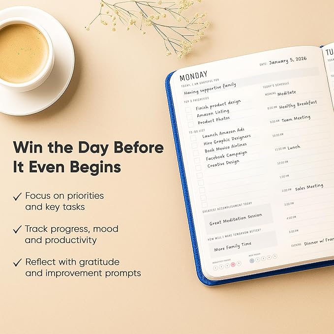 Daily Planner 2025 (5" x 8") - The Ultimate Daily Workflow Planner with Hourly Schedule & Task List to Achieve Your Goals by PRODUCTIVITY STORE (A5, Navy Blue)