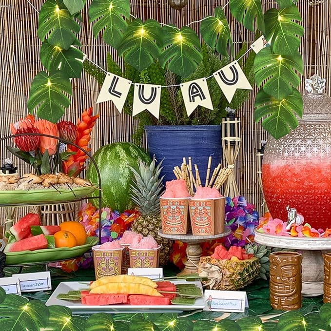 RECUTMS Artificial Tropical Palm Leaves String Lights, Large Size 20 LED Monstera Leaf Wall Hanging Vine Greenery,Outdoor Indoor Hawaiian Luau Jungle Beach Safari Baby Shower Party Spring Summer Decor