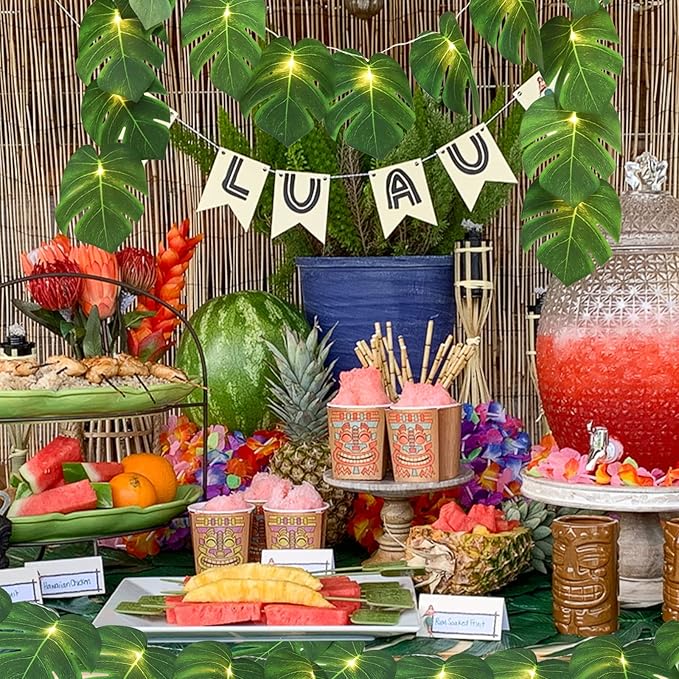 RECUTMS 2 Pack Artificial Tropical Palm Leaves String Lights, Large Size 20 LED Monstera Green Leaf Hanging Vine Greenery,Indoor Hawaiian Luau Jungle Beach Safari Baby Shower Party Spring Summer Decor