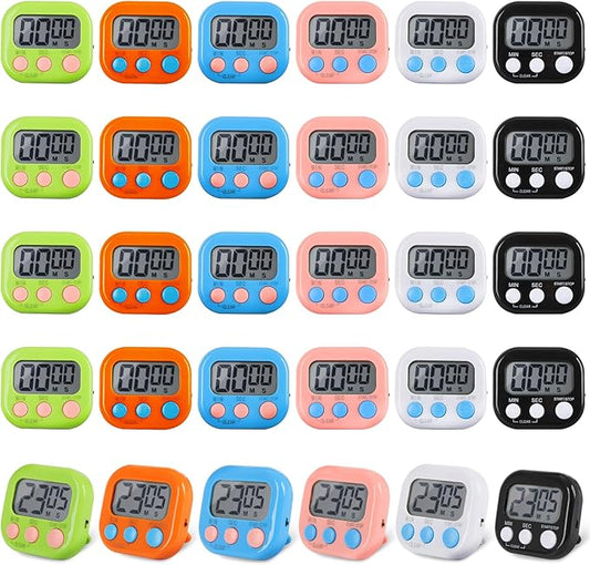 30 Pcs Digital Kitchen Timer Bulk, Magnetic Timers for Classroom, LCD Display, Loud Alarm, Electronic Minute Second Clock Timer for Teacher, Exercise, Cooking, Baking(6 Colors)