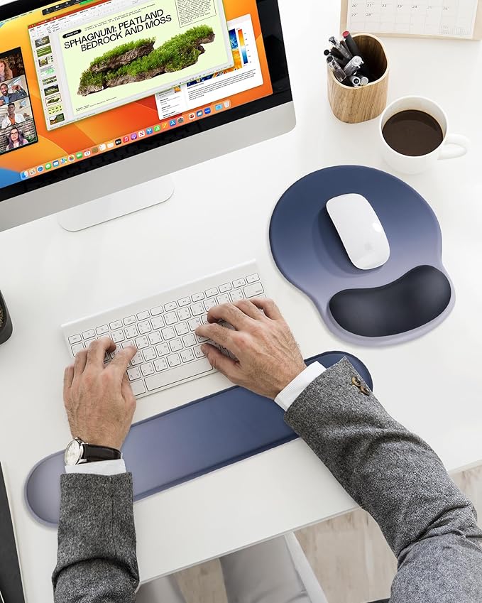 Ergonomic Mouse Pad Wrist Support Set, Memory Foam Keyboard Wrist Rest Set, Keyboard Pad, Non-Slip Base Mousepad（Gradient Blue Black Set）