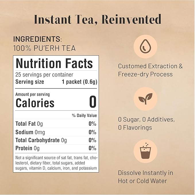 CHAYEAH, Craft Instant Pu'erh Black Tea, Quick Brew Tea Crystals, No Sugar, Natural Caffeine, Hot or Cold (25 Packets)