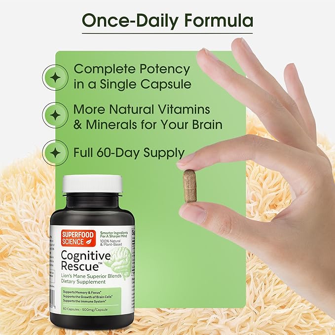 Cognitive Rescue, Lion's Mane Mushroom Capsules w/ Lion's Mane Dual Extract, Nootropics, Brain Supplement for Memory and Focus, Mushroom Immune Support w/ B Vitamins Complex, BioPerine, 60 capsules