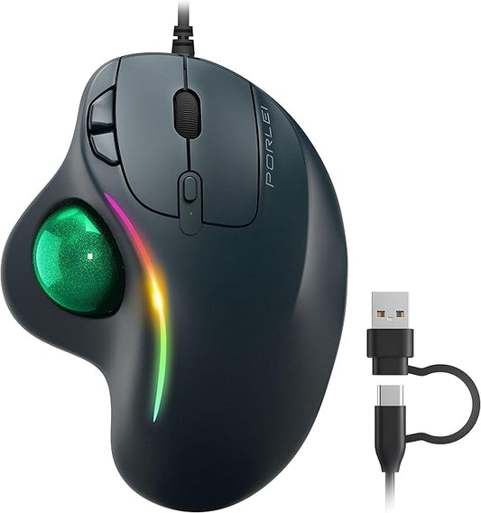 Wired Trackball Mouse with RGB Lighting, Ergonomic Thumb Control to Reduce Muscle Strain, 5 Adjustable DPI, Dual USB-C & USB-A Connectivity, Compatible with PC, Laptop, Mac, Windows-Green