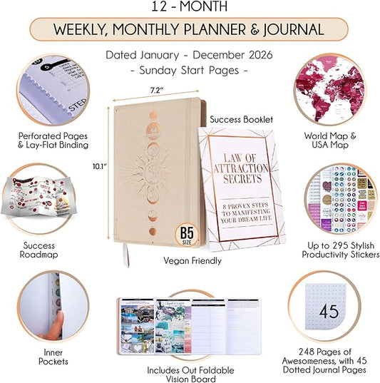 2026 Planner Weekly and Monthly | Law of Attraction Planner with Panduo App | A 12 Month Journey for Productivity, Gratitude & Goal Setting | Includes Foldable Vision Board, Gift Box & Stickers