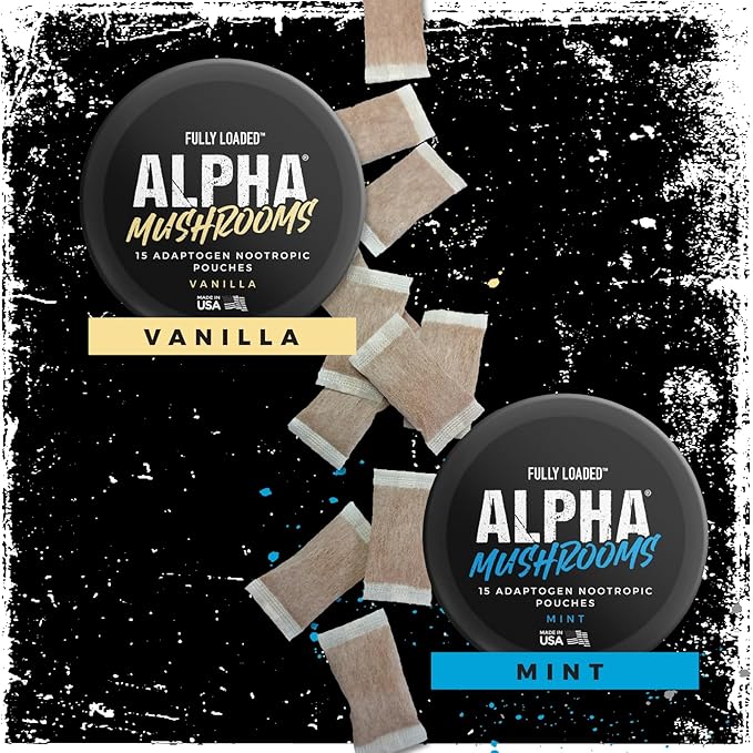 Fully Loaded Alpha Mushroom Pouches - Adaptogen Nootropic Pouches (5-Pack, Vanilla) - Lion's Mane, Cordyceps, & Chaga - 5 cans, 15 Pouches per can - Functional Mushrooms - Made in The USA