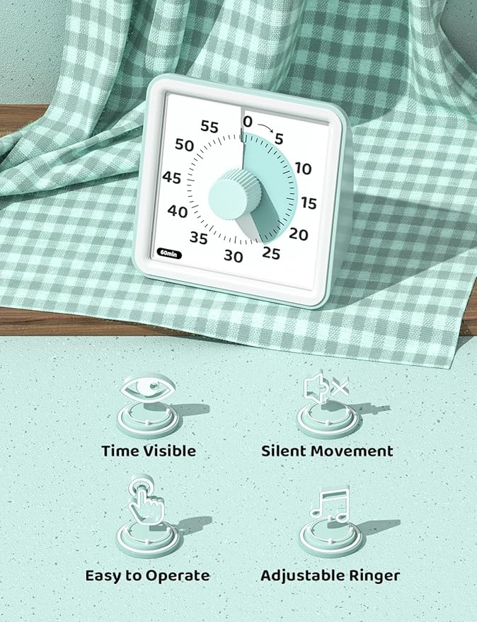 LIORQUE Visual Timer for Kids, 60-Minute Countdown Timers for Classroom Office Kitchen with Silent Operation, Kids Timer for Teaching (Batteries Included)