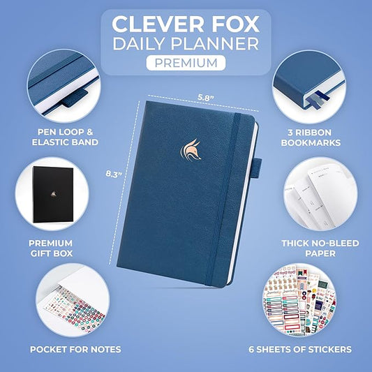 Clever Fox Planner Daily Premium – Undated Daily Planner with Hourly Schedule, Personal Organizer, Productivity Journal, 6 Months (Mystic Blue)
