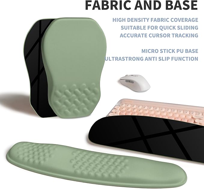 2-in-1 Ergonomic Set, Wave Keyboard Wrist Rest and Massage Slope Mouse Pad Wrist Support, Rebound Memory Foam for Relieve Carpal Tunnel Syndrome and Wrist Pain (Olive Green)