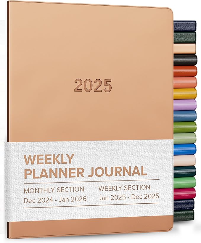 Harbor Weekly and Monthly Journal Notebook Planner 2025 - Lined, Durable Faux Leather, Softcover, 176 Quality Pages, For Men and Women, For Writing, Work & Travel, Metallic Rose Gold - 9 x 7 "