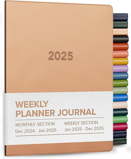 Harbor Weekly and Monthly Journal Notebook Planner 2025 - Lined, Durable Faux Leather, Softcover, 176 Quality Pages, For Men and Women, For Writing, Work & Travel, Metallic Rose Gold - 9 x 7 "