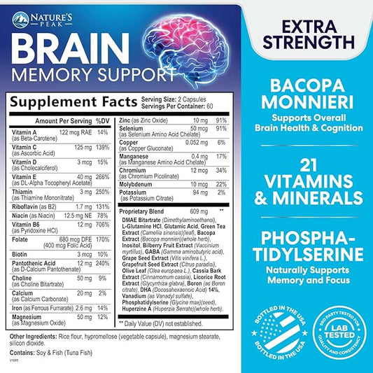 Brain Memory Supplement Pills - Nootropics Support for Concentration, Clarity, Alertness & Focus - Brain Health with Bacopa, Cognitive Vitamins, Phosphatidylserine, DMAE - Brain Booster - 120 Capsules