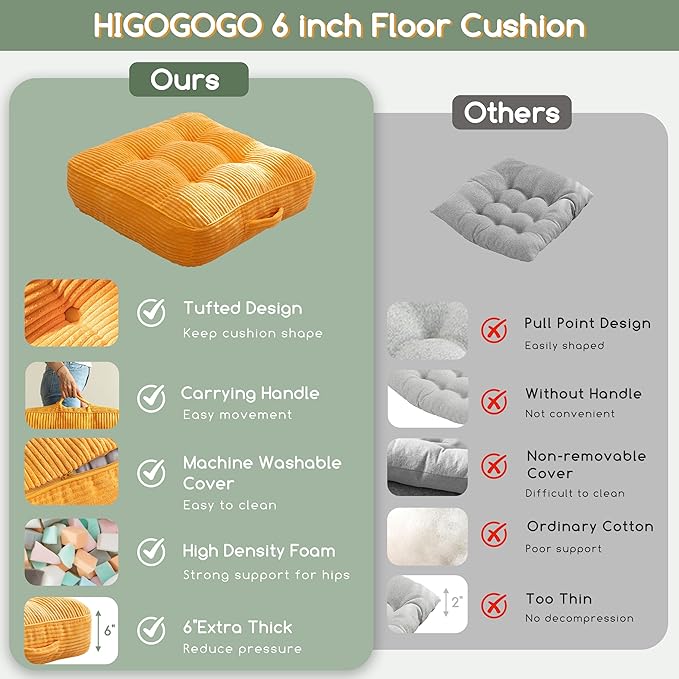 6" Washable Floor Pillow Cushion for Adults, Meditation Cushion Pillow, Large Square Floor Sitting, Removable Tufted Corduroy Cover, for Tatami Living Room or Yoga, 22x22 Inch, Machine Washable