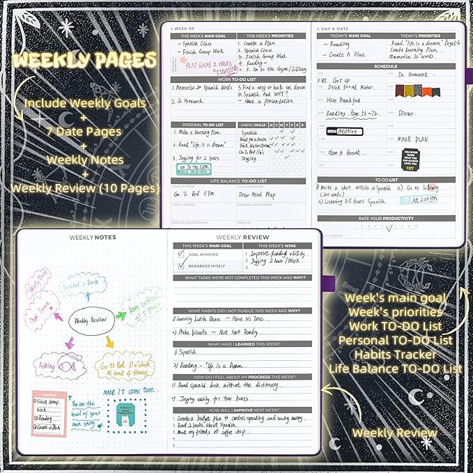 2025 Undated Academic Planner Hardcover (5.5x8.5") - Flexible Weekly & Monthly Organizer with Stickers, Productivity Journal for Students & Professionals(Black)