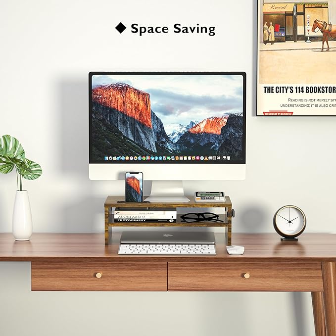 BONTEC Wooden Monitor Stand Riser, 2-Tier Desk Shelf with Storage Organizer, Ergonomic Computer Stand with Cable Management, Cellphone Holder, Vintage Brown, 16.5 Inch