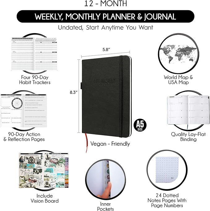 Life & Goal Planner - A 12 Month Journey to Crush Your Goals, Increase Productivity, Passion, Success & Happiness - Weekly & Monthly Life Planner, Habit-Tracker, Gratitude Journal & Organizer