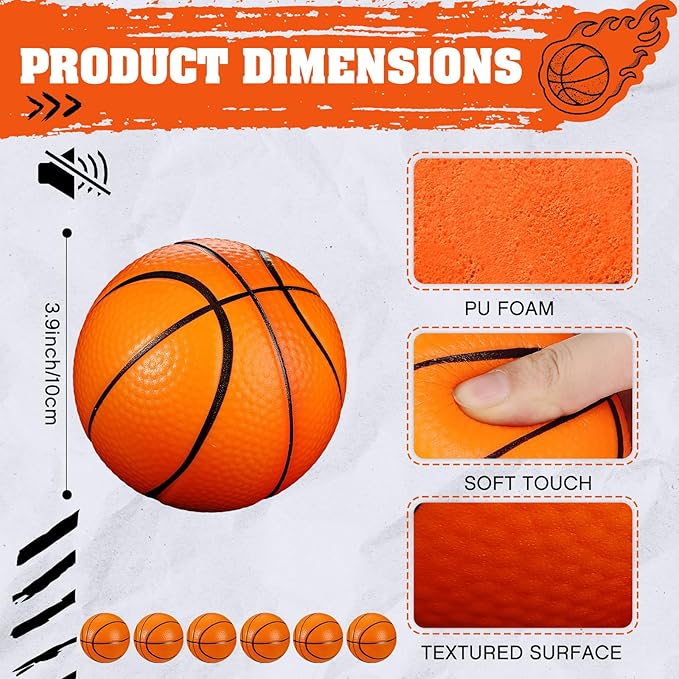 6 Pcs 4'' Mini Foam Basketballs for Kids Adults, Squeeze Stress Ball Safe Soft Replacement Beach Pool Basketball for Indoor Hoop Toddler Quiet Bouncy Sport Game(Orange)