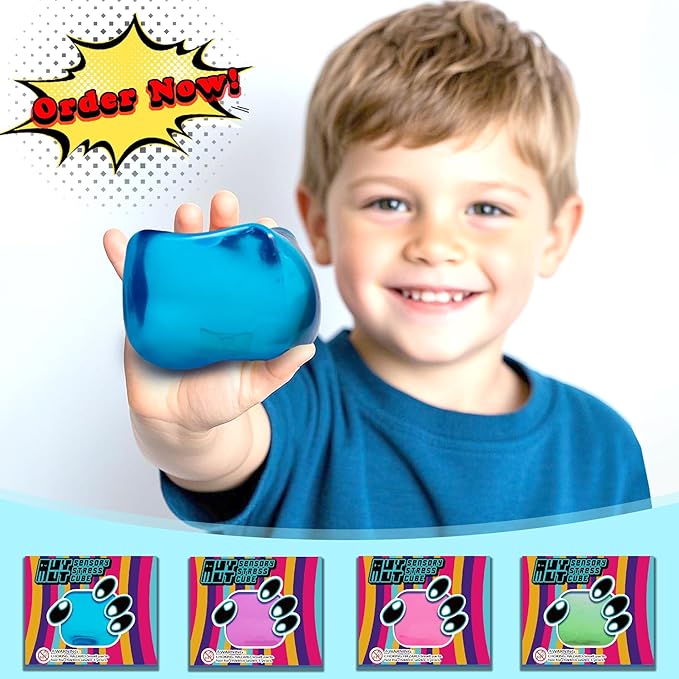 Stress Cube – 3-Pack High-Density Gel-Filled Ice Cube Squishy Fidget Toy for Anxiety Relief, Slow Rising, ADHD & Focus Aid, for Kids & Adults, 2.1", Blue, Pink & Green