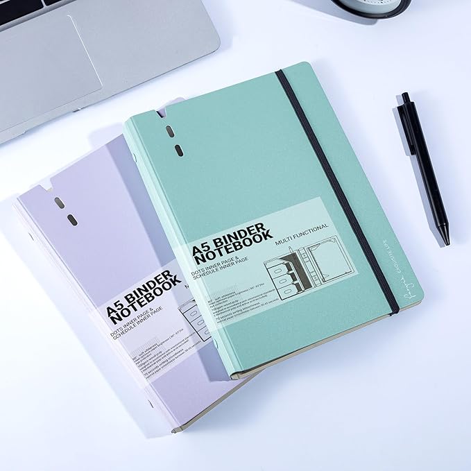 CAGIE A5 Binder 6 Ring Notebook with Dividers Refillable Planner Binder with Pockets, Refill Paper Include Planning Square Ruled and Dotted Pages (Purple and Blue, 2 Pcs A5 Daily&Dot Page)