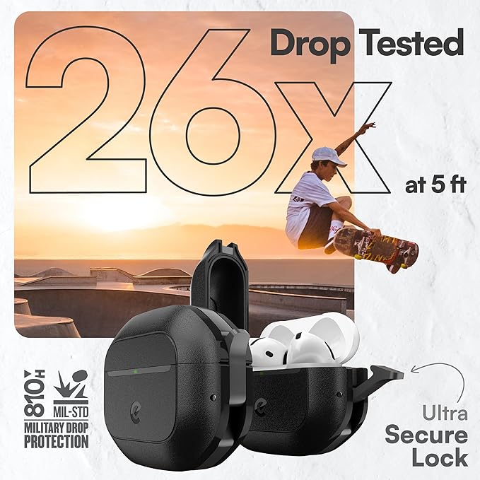 Keybudz for AirPods 4 Case with Lock - Fully Waterproof AirPods 4th Generation Case Cover - Keychain, Rugged Tough Protection, Hard Shell and Carabiner (Carbon Black)