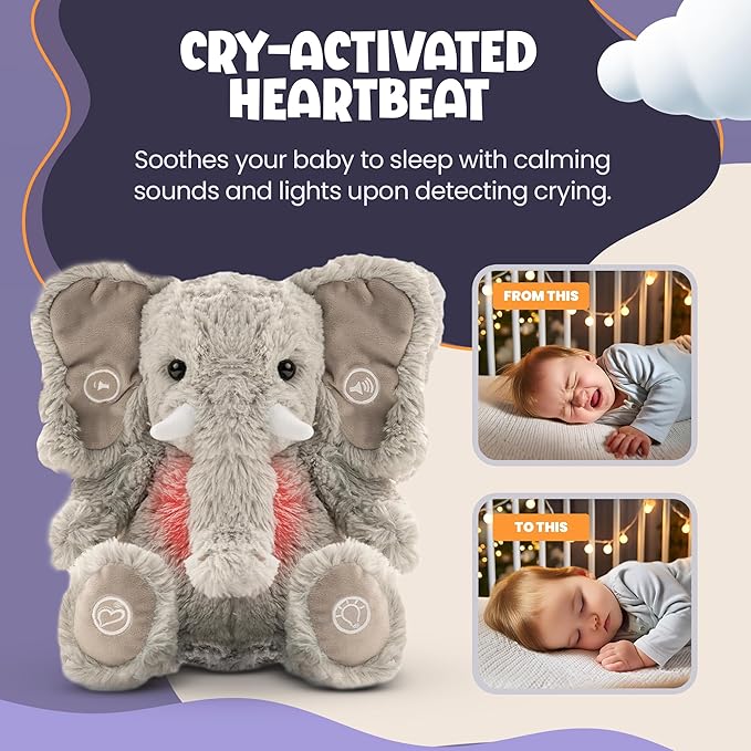 Gemma Joy Baby Sleep Soother Elephant for Baby – Cry Activated Heartbeat Stuffed Animal – Rechargeable Crib Soother with White Noise, Shush, Lullabies & Night Light – Newborn Essentials Must Haves
