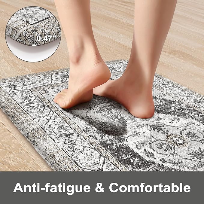 KIMODE Kitchen Mats Cushioned Anti Fatigue, Boho Vintage Kitchen Rugs, Grey 20"x39" Kitchen mats for Floor,Non Slip Kitchen Floor Mat, Comfort Padded Kitchen Floor Mats for Sink Laundry Office Desk