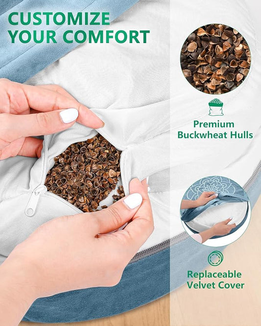 Hihealer Meditation Cushion Set Large Velvet Floor Pillow & Traditional Tibetan Yoga Bolster for Adults Zafu Meditation Mat with Buckwheat Filling