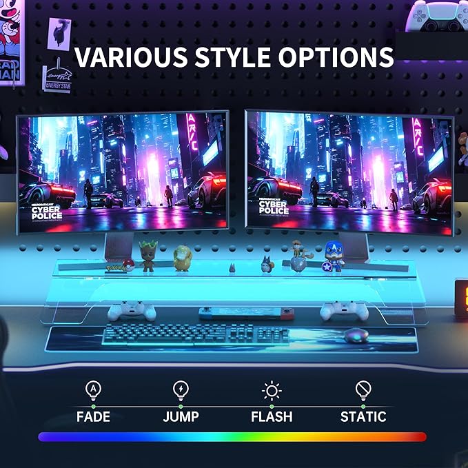 Clear Acrylic Dual Monitor Stand Riser,LED Light 31.5 Inch Computer Monitor Stand for 2 Monitors,Office Desktop Organizer for Laptop,PC,Computer,Printer