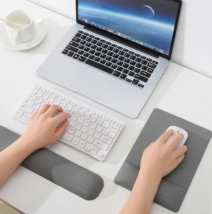 UnivoColors Design-Wave Set of Keyboad Wrist Rest & Mouce Pad,Artificial Sheepskin+Memory Foam+Ergonomic+Anti-Slip Gel, Resilience Support During Work and Gaming,Keyboard Accessory,Grey