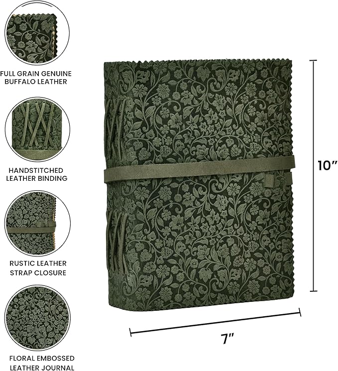 LEATHER VILLAGE Leather Bound Floral Embossed Journal for Women Men - 200 Pages, 10X7 Inches, Aqua - Book of Shadows, Vintage Blank Paper Travel Diary, Notebook for Writing, Drawing, Sketchbook