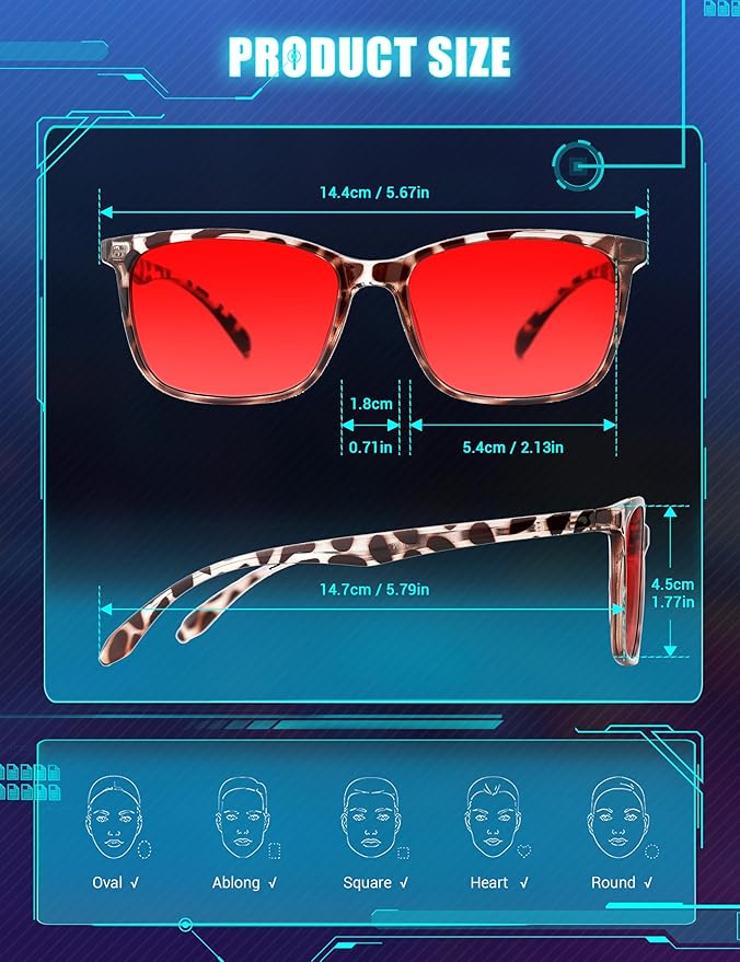 TIJN Sleep Glasses for 99.9% Blue Green Light Blocking for Women Men Dual AR Coating Red Lens for Computer Gaming, TR90