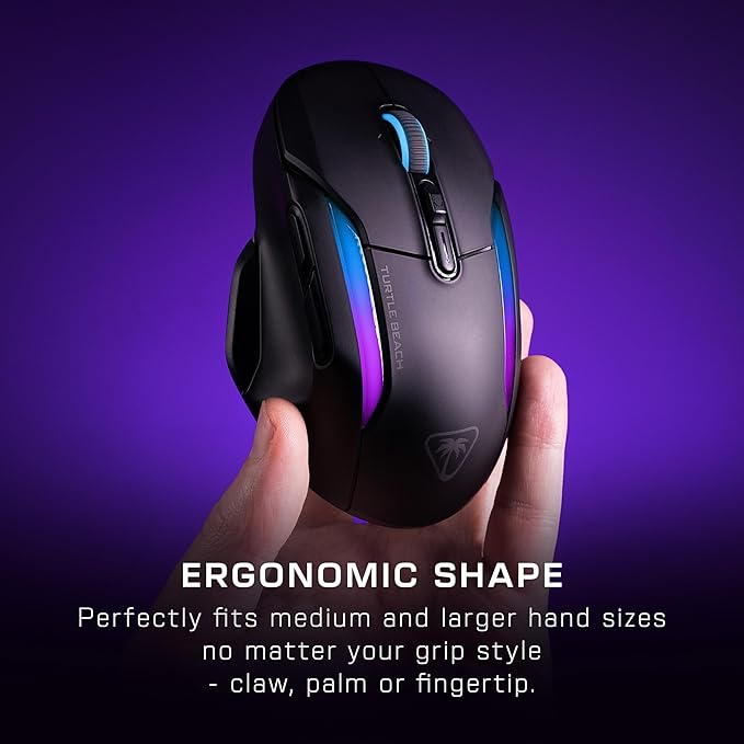 Turtle Beach Kone II Air – Wireless Ergonomic RGB Gaming Mouse, 350-Hr Battery, 26K DPI Optical Sensor, 100M Click Optical Switches, 21 Customizable Inputs, 4D Free-Spin Scroll Wheel – Ash Black