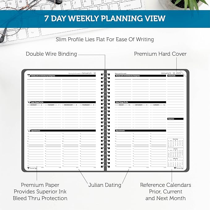 Planner Pad Spiral Bound January-December 2025/ Calendar Year 6 3/4" x 8 1/2" Medium 3-Tier Funnel Down 12 Month Organizer, Black Cover/Black Ink