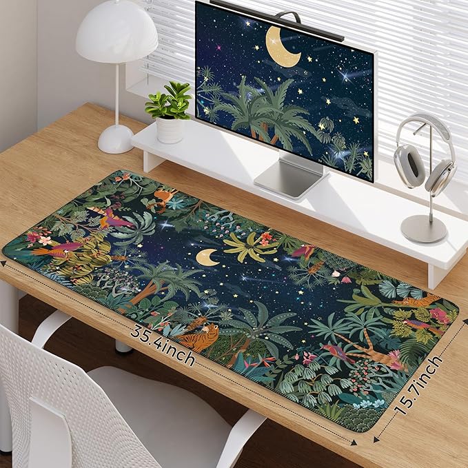 iCasso Midnight Jungle Mouse Pad, Desk Pad Mat, Desk Matt for Desktop, XXL Large Anti-Slip Big Mousepad with Stitched Edges, Keyboard Pad Mouse Mat for Computer(Night)