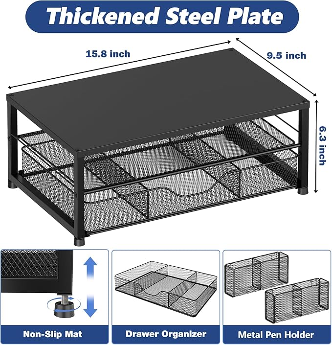 Desk Organizer and Accessories, 2-Tier Computer Monitor Stand Riser with Drawer and 2 Pen Holders, Laptop Stand, Office Desk Accessories for Office Supplies, Black 2-Pack