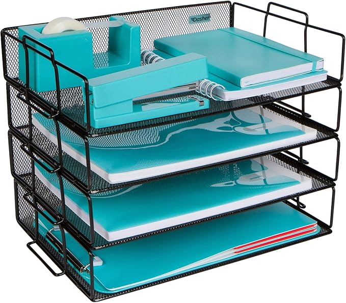 Stackable Paper Tray Desk Organizer, 4-Tier Metal Mesh Letter Organizers for Business, Home, School, or Store Use, Organizes Files, Folders, Letters, Paper, Binders, Multi-Functional Desktop Storage