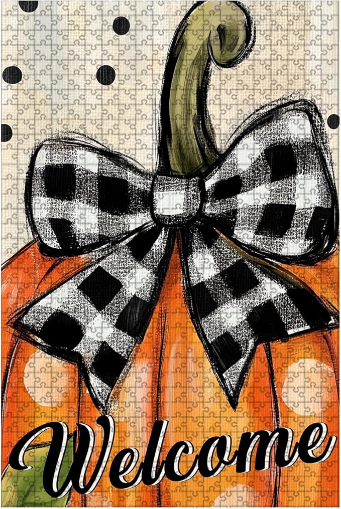 500 Piece Difficult Wooden Jigsaw Puzzle Welcome Pumpkin Adults Kids Portable Travel Game Fun Stress Relief Brain Teaser & Educational Toy for Home Kitchen Decor 20.4x15 Inch