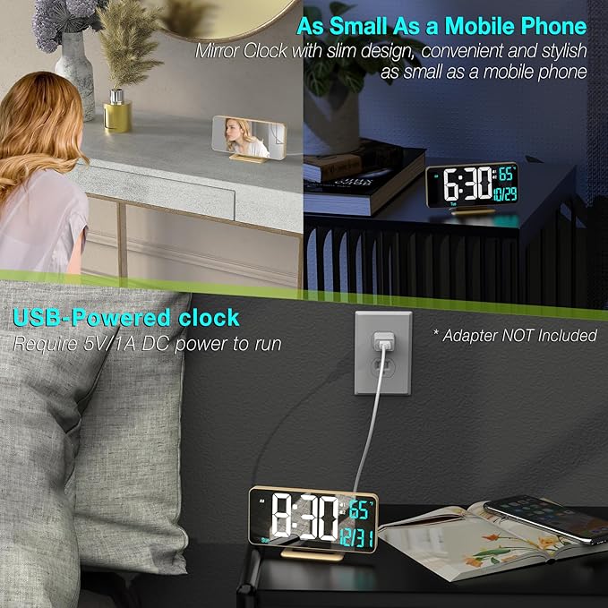 KOSUMOSU Dual Alarm Clock 6.7in Gold Desk Clock with Dimming, 12/24h, Seconds, Date, Day of Week, Temp, Digital LED Clock for Bedroom, Digital Calendar Clocks for Living Room Gold Desk Accessories